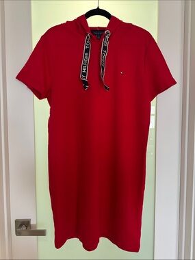 Tommy Hilfiger Red Hooded Tee Dress with Branded Drawstrings